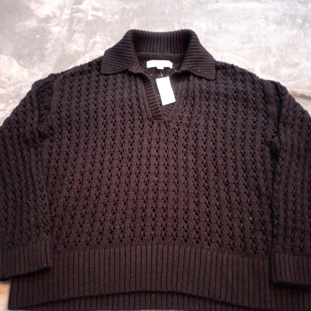 Loft Mesh Collared Sheer Sweater Womens Size Medium Black 100%‎ Cotton